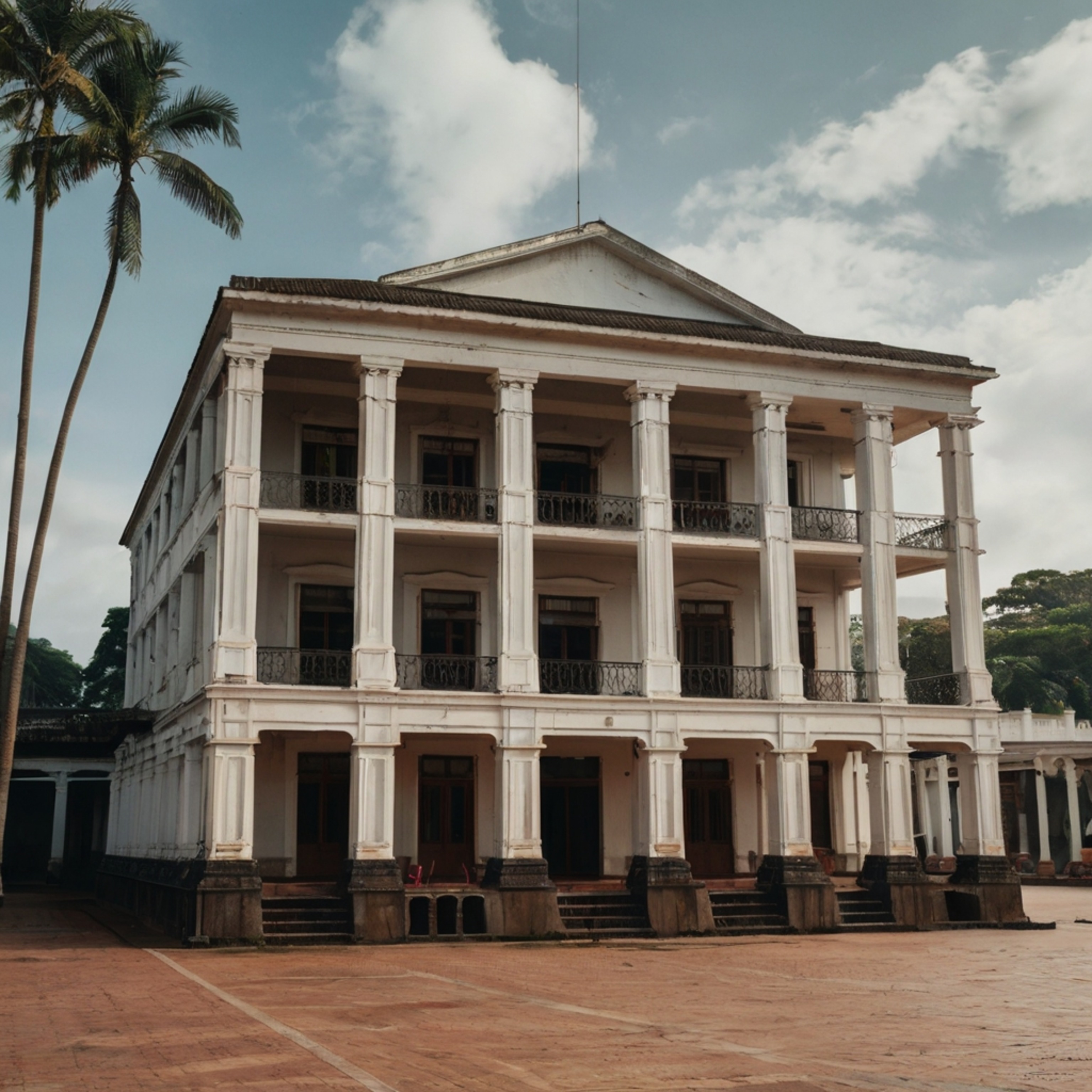 This traditional colonial-era building features striking architectural details, including tall columns, large windows, and a