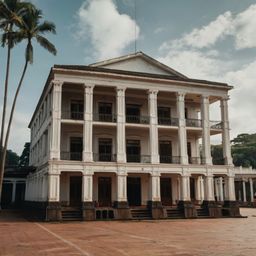 This traditional colonial-era building features striking architectural details, including tall columns, large windows, and a 