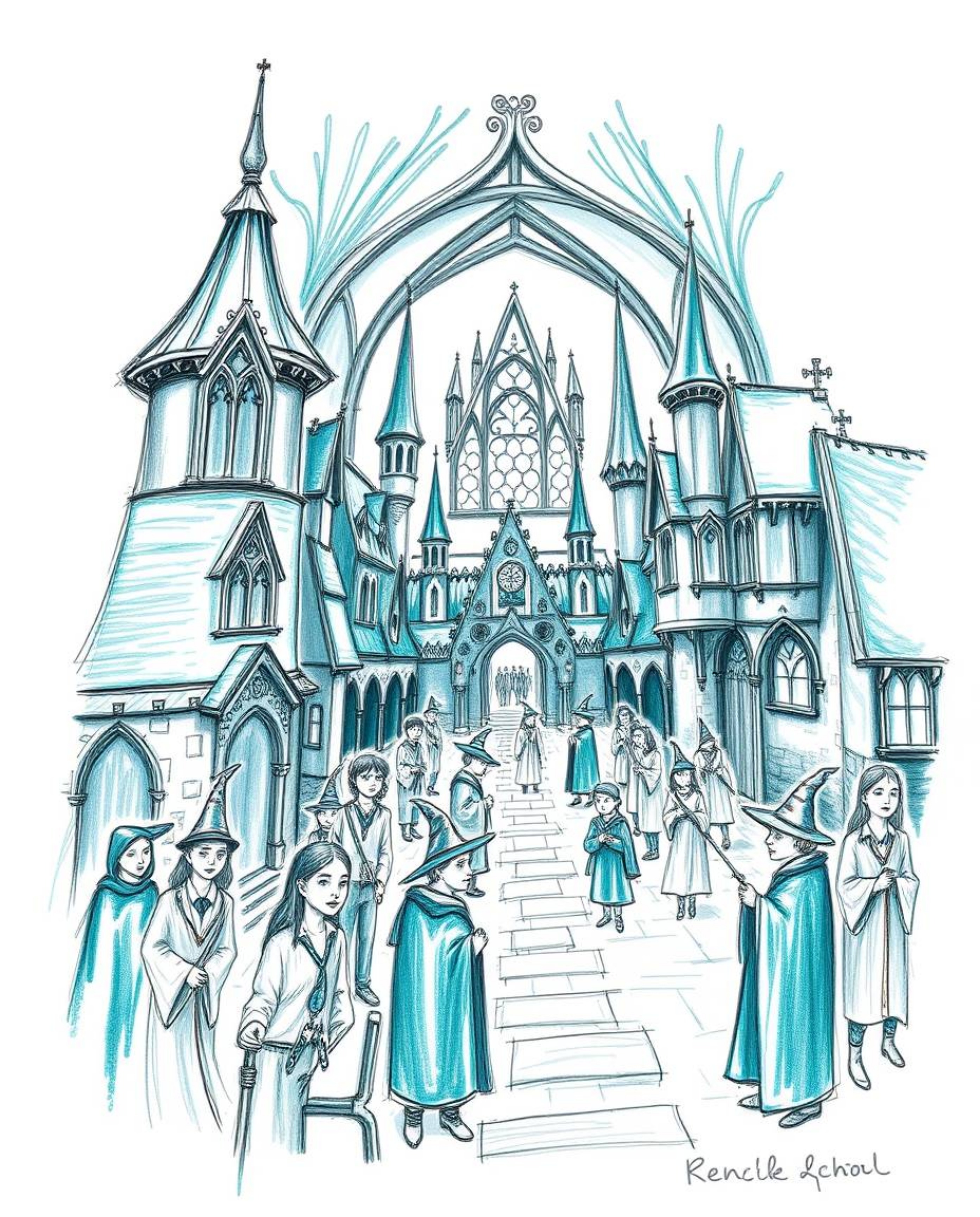 This hand-drawn sketch showcases a magical school bustling with young wizards, rendered in a luxurious and vibrant deep teal.