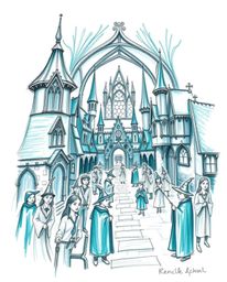 This hand-drawn sketch showcases a magical school bustling with young wizards, rendered in a luxurious and vibrant deep teal.
