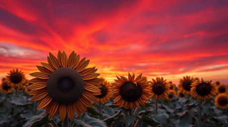 A captivating cast bronze sculpture depicting a vibrant sunflower field bathed under a deep red and purple sky. The artwork i