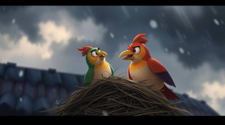 A captivating digital painting showcases two cartoon birds diligently constructing a nest against a dramatic backdrop of stor