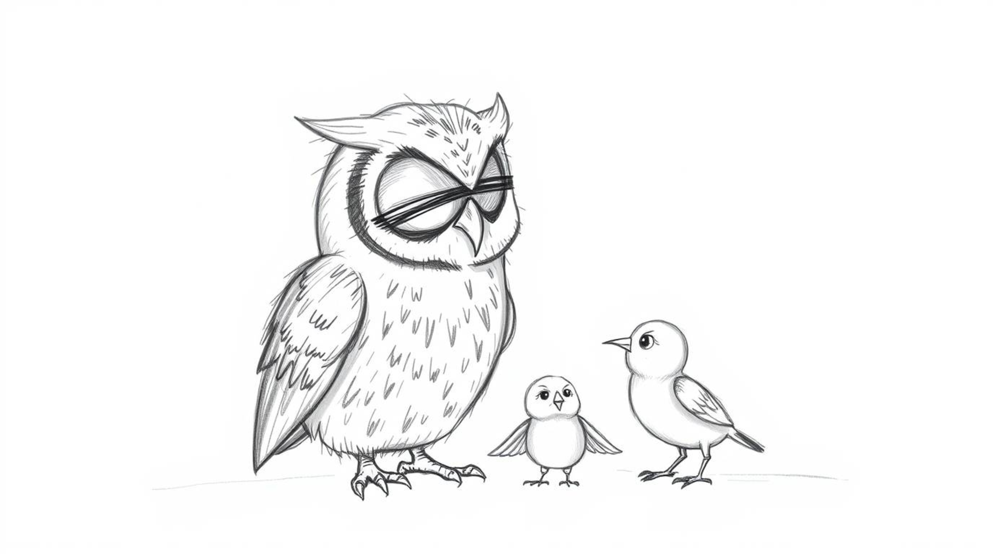 A heartwarming hand-drawn sketch in the style of Pixar depicts a wise, blind owl intently listening as baby birds learn to fl