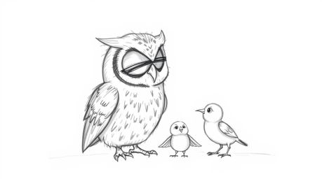 A heartwarming hand-drawn sketch in the style of Pixar depicts a wise, blind owl intently listening as baby birds learn to fl