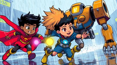 Witness an epic showdown in a vibrant, rain-soaked scene! Three superpowered kids, each with distinct abilities and skin tone
