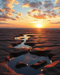 A striking scene of a sunset sky mirrored in tidal pools on a beach is rendered in layered papier-mâché material, featuring a