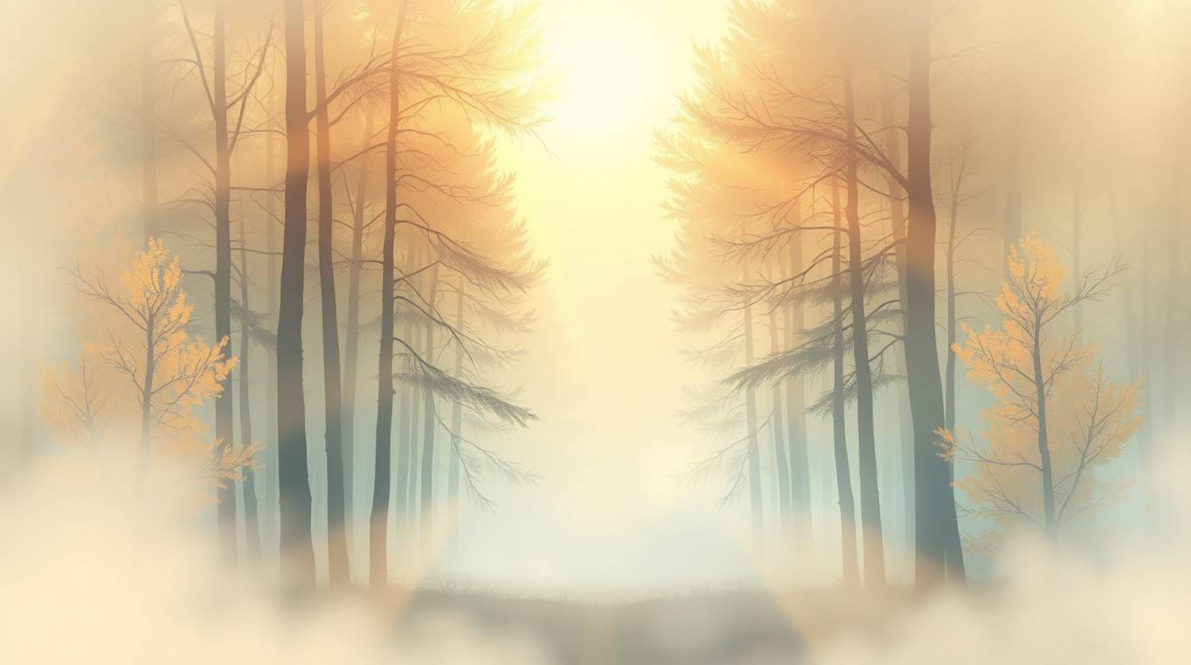 Experience the serene beauty of a mystical forest bathed in the golden light of dawn. This ethereal illustration, rendered in