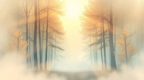 Experience the serene beauty of a mystical forest bathed in the golden light of dawn. This ethereal illustration, rendered in