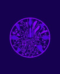 A captivating logo design inspired by deep ultraviolet hues depicts an abstract city map composed of geometric shapes in a to