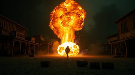 Experience a classic exploding TNT gag transported from the wild west into a futuristic setting. This scene, presented on a m