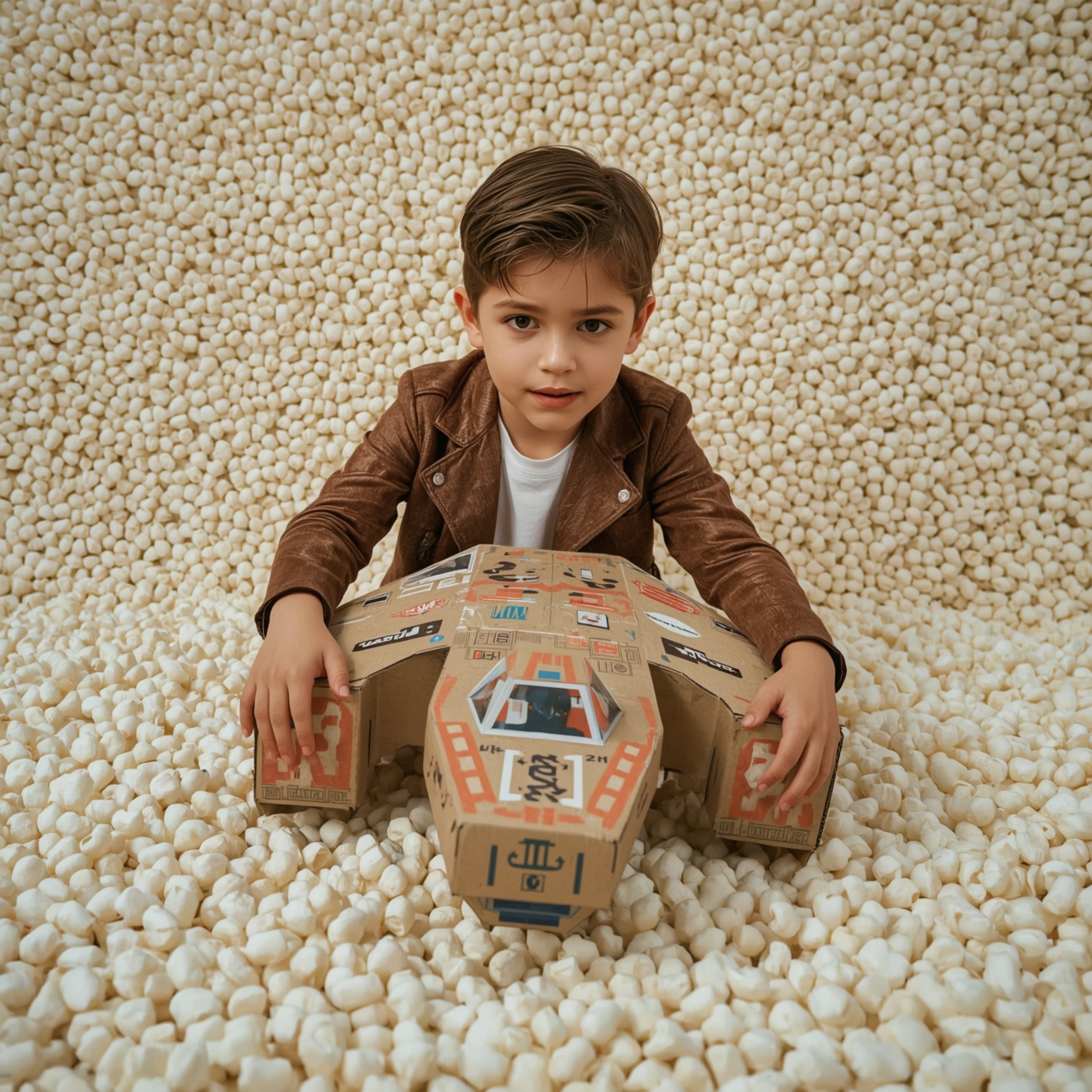 A captivating high-fashion photograph depicts a young boy with striking features, meticulously constructing a detailed cardbo