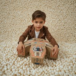 A captivating high-fashion photograph depicts a young boy with striking features, meticulously constructing a detailed cardbo