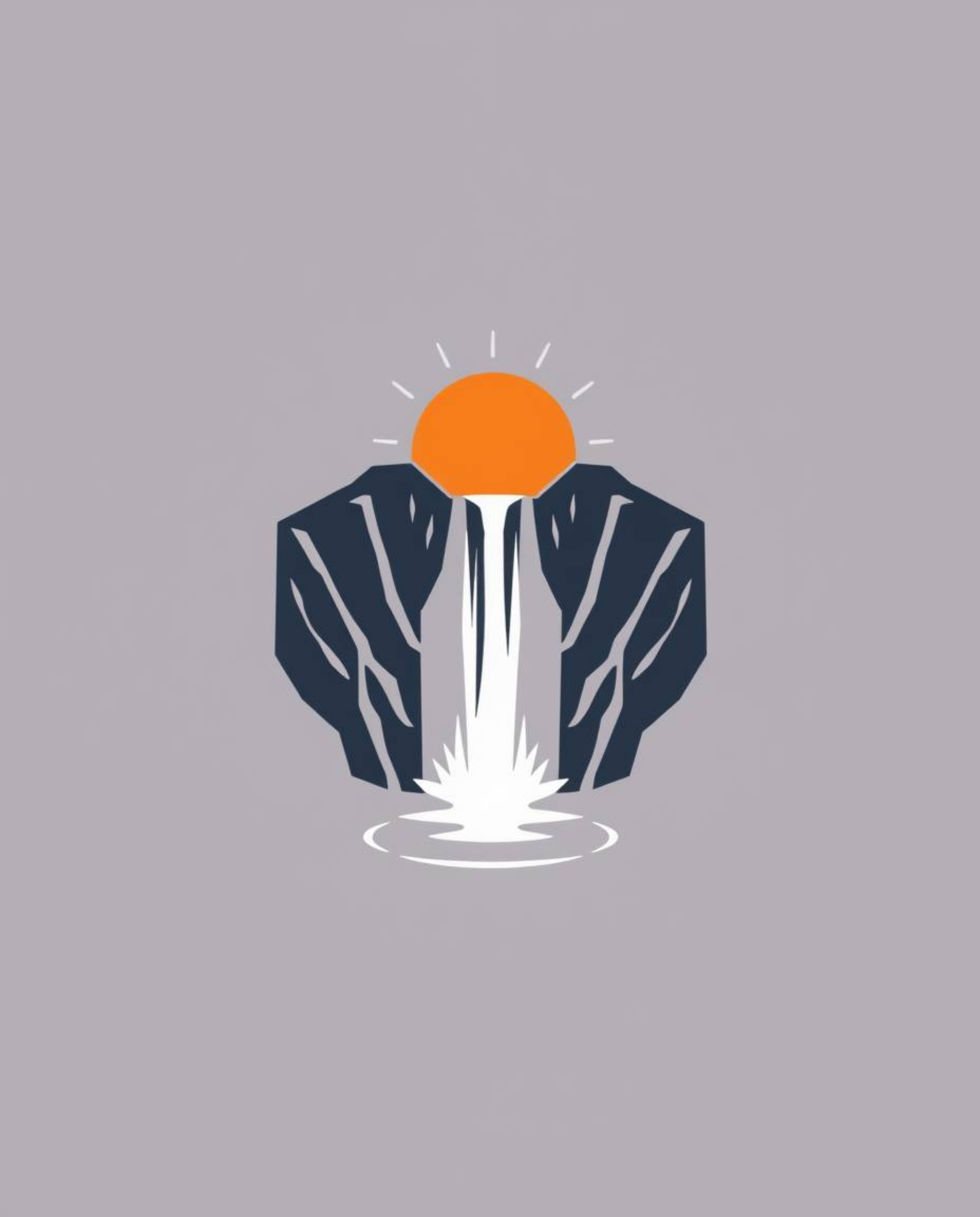 A geometric logo design featuring a balanced and symmetrical composition of a waterfall and a setting sun. This artwork is de