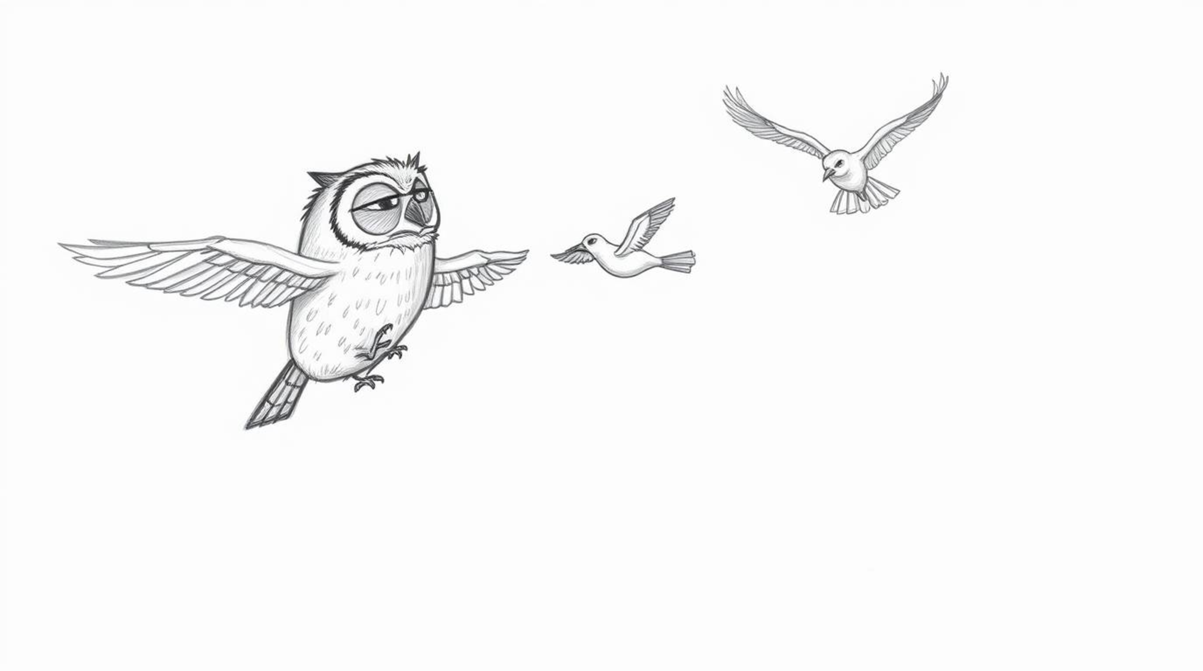 A heartwarming hand-drawn pencil sketch, rendered in a charming Pixar style, depicts a blind owl patiently guiding a flock of