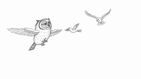 A heartwarming hand-drawn pencil sketch, rendered in a charming Pixar style, depicts a blind owl patiently guiding a flock of