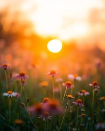 A vibrant sunset over a spring wildflower meadow, bathed in a warm golden light that gives the scene a radiant and luxurious 