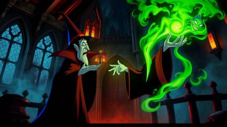 A classic Disney villain casts a spell within the confines of an ancient castle, creating a captivating scene that balances t