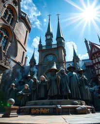This stunning cast bronze sculpture depicts a magical school bustling with young wizards, capturing a grand and epic scene on