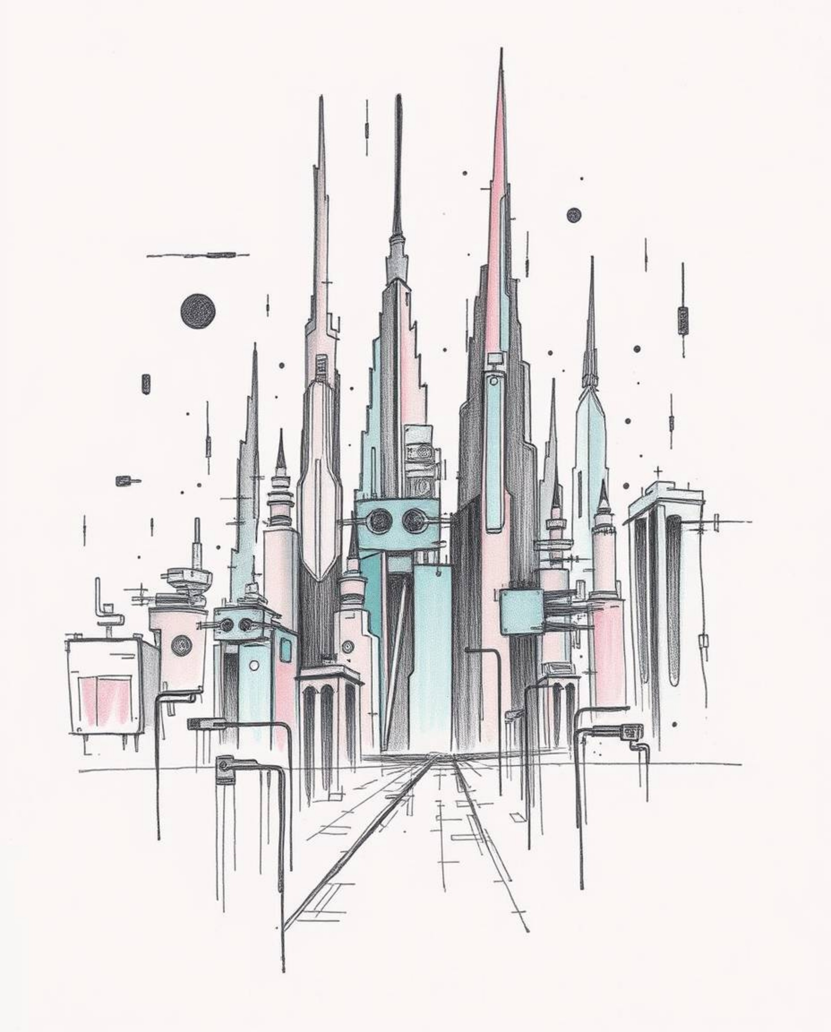 A captivating hand-drawn sketch depicts a futuristic city engulfed in a glitch effect.  Soft pastel colors and dark tones com