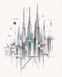 A captivating hand-drawn sketch depicts a futuristic city engulfed in a glitch effect.  Soft pastel colors and dark tones com