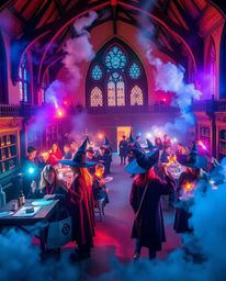 Step into a magical school brimming with young wizards, bathed in bright, vibrant colors and a soft, dreamy atmosphere.  Hazy