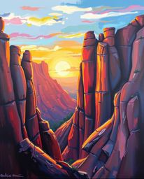A sunset bathes sandstone canyon cliffs in a radiant and luxurious light, characterized by a strong, hard quality and a warm 
