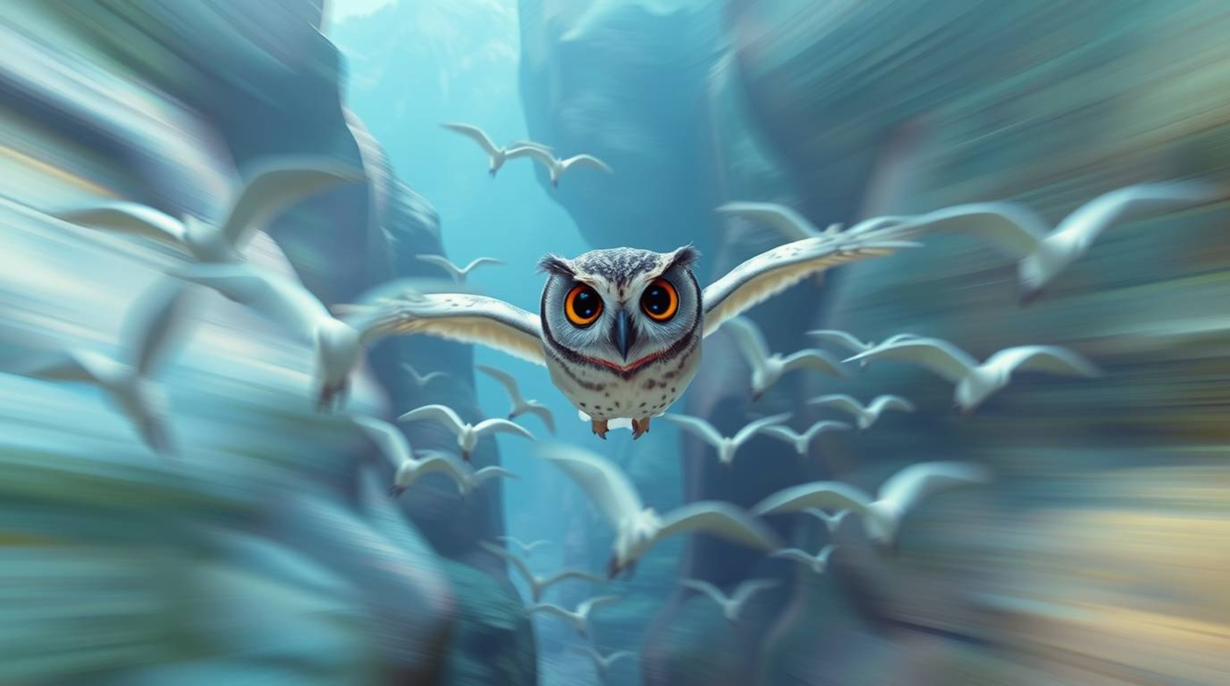 This photograph captures a profound ethereal and spiritual vibe, featuring a Pixar-esque blind owl with large, gentle eyes le