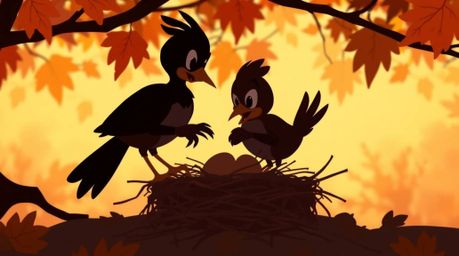 A charming image in a classic animation style portrays two cartoon birds diligently constructing their nest.  Silhouetted aga