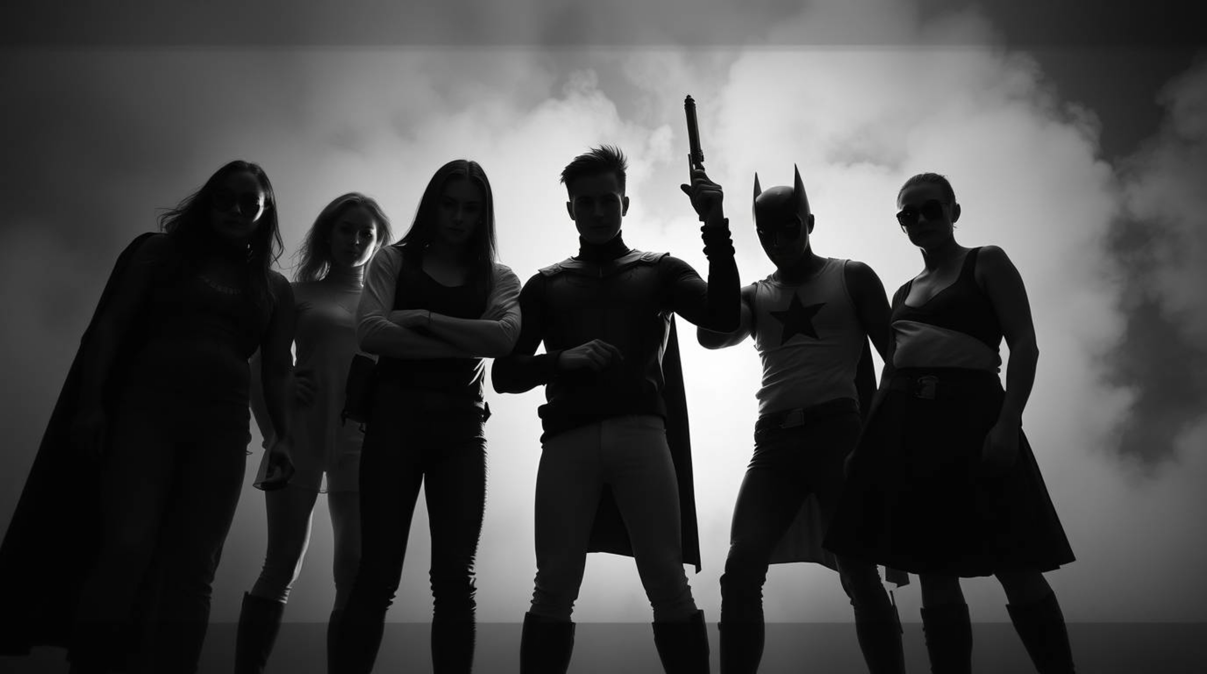 A timeless and elegant black and white photograph depicts a group of misfit heroes uniting to form a team.  The soft focus, h