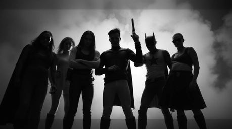 A timeless and elegant black and white photograph depicts a group of misfit heroes uniting to form a team.  The soft focus, h