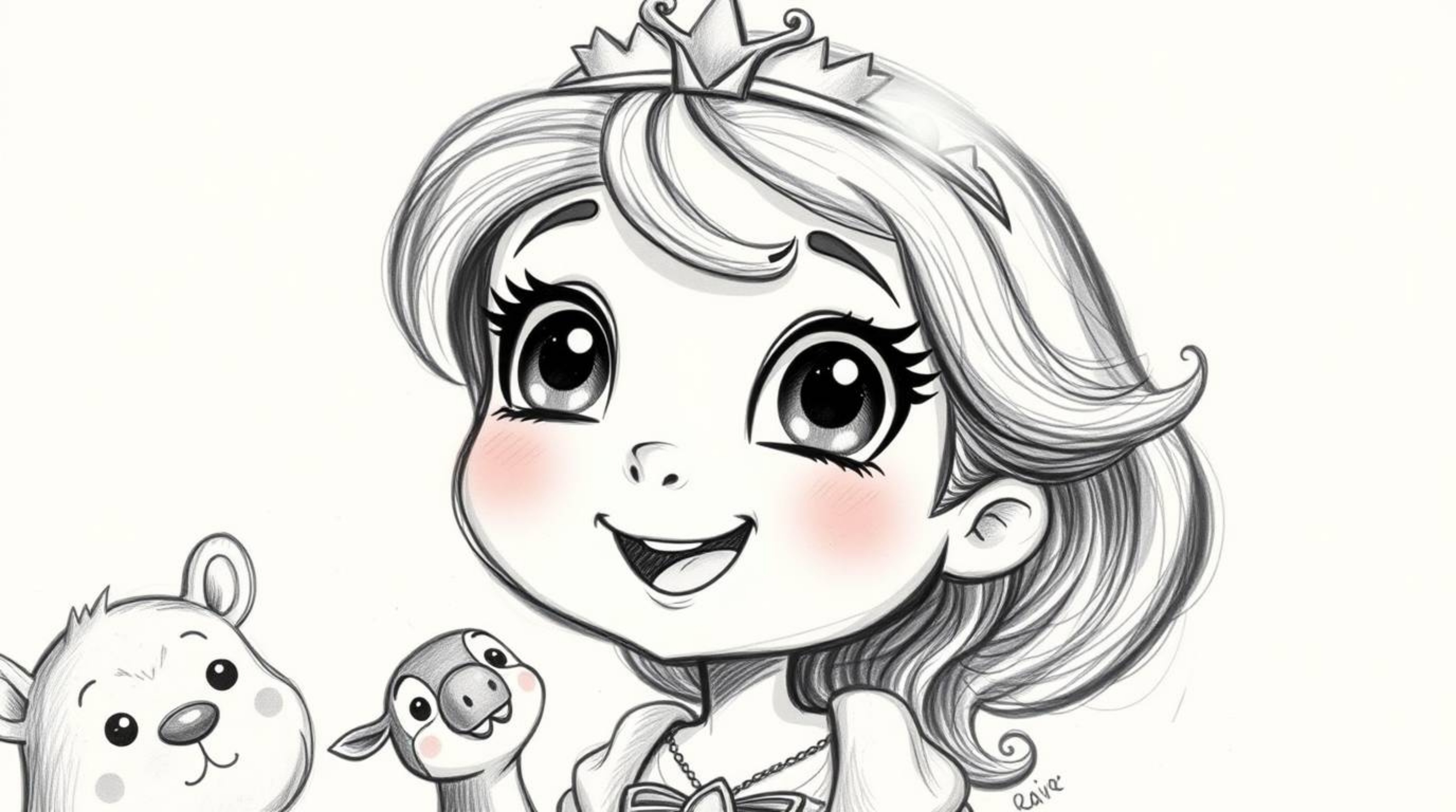 An adorable princess with large eyes and a playful smile is singing happily with forest animals in a hand-drawn vintage 2D an