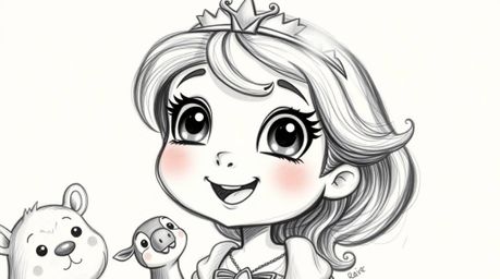 An adorable princess with large eyes and a playful smile is singing happily with forest animals in a hand-drawn vintage 2D an