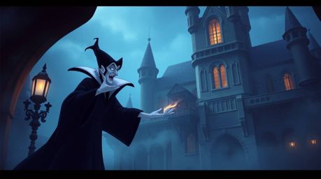 A captivating depiction of a classic Disney villain casting a spell within an ancient castle.  Rendered in a soft, dreamy sty