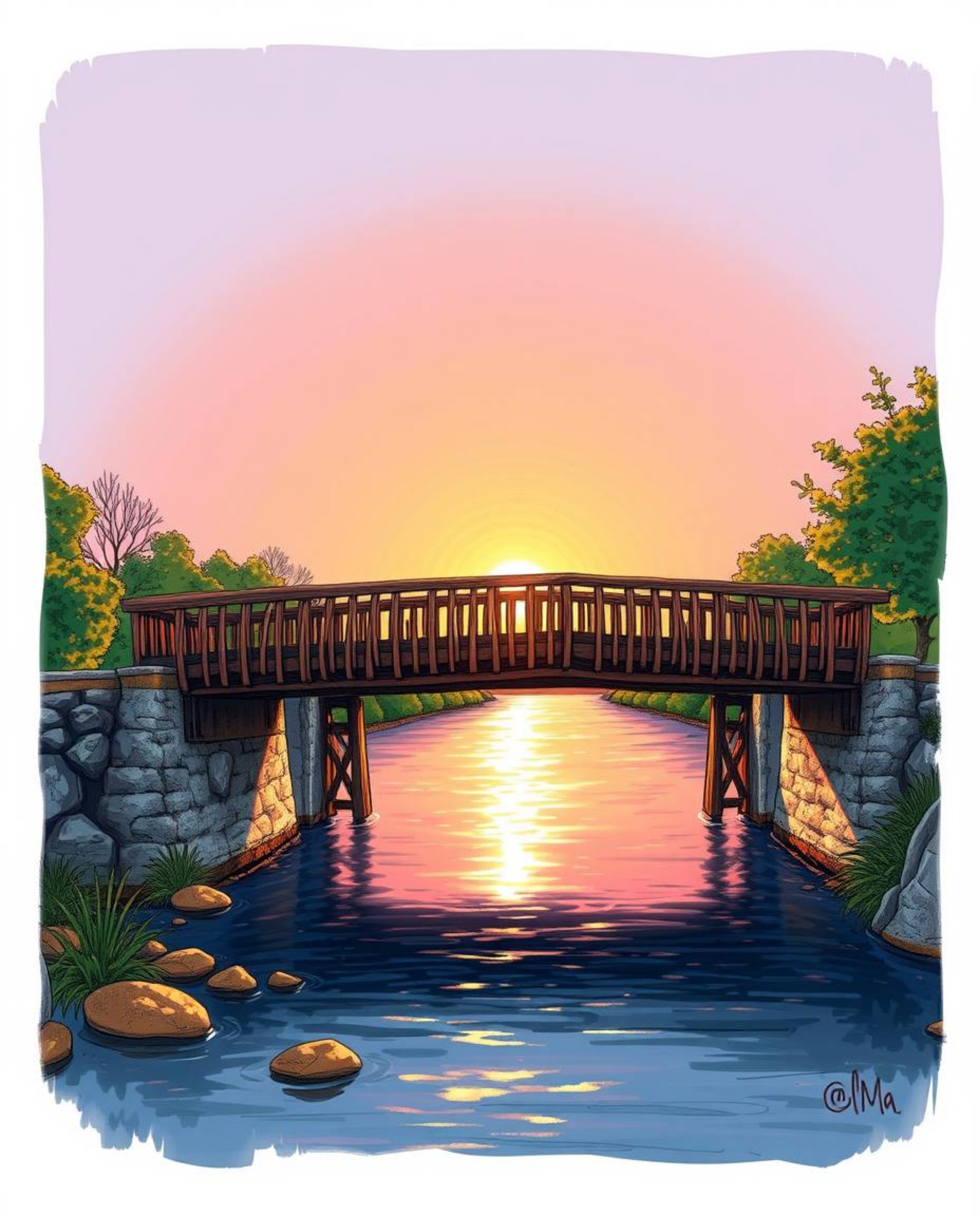 A color sketchnote style drawing of an old wooden bridge spanning a river at sunset. This piece is defined by its warm golden