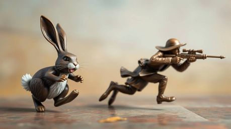 A bronze sculpture depicting a wacky rabbit with seamless color transitions humorously outrunning a hunter, rendered with an 