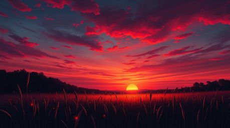 This digital painting captures the serene beauty of a sunset over a quiet meadow, where fireflies begin to emerge. The artwor