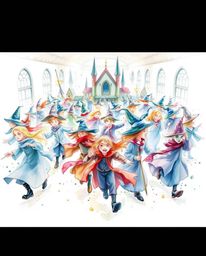 A captivating watercolor painting depicts a magical school brimming with young wizards in dynamic motion.  The artwork featur