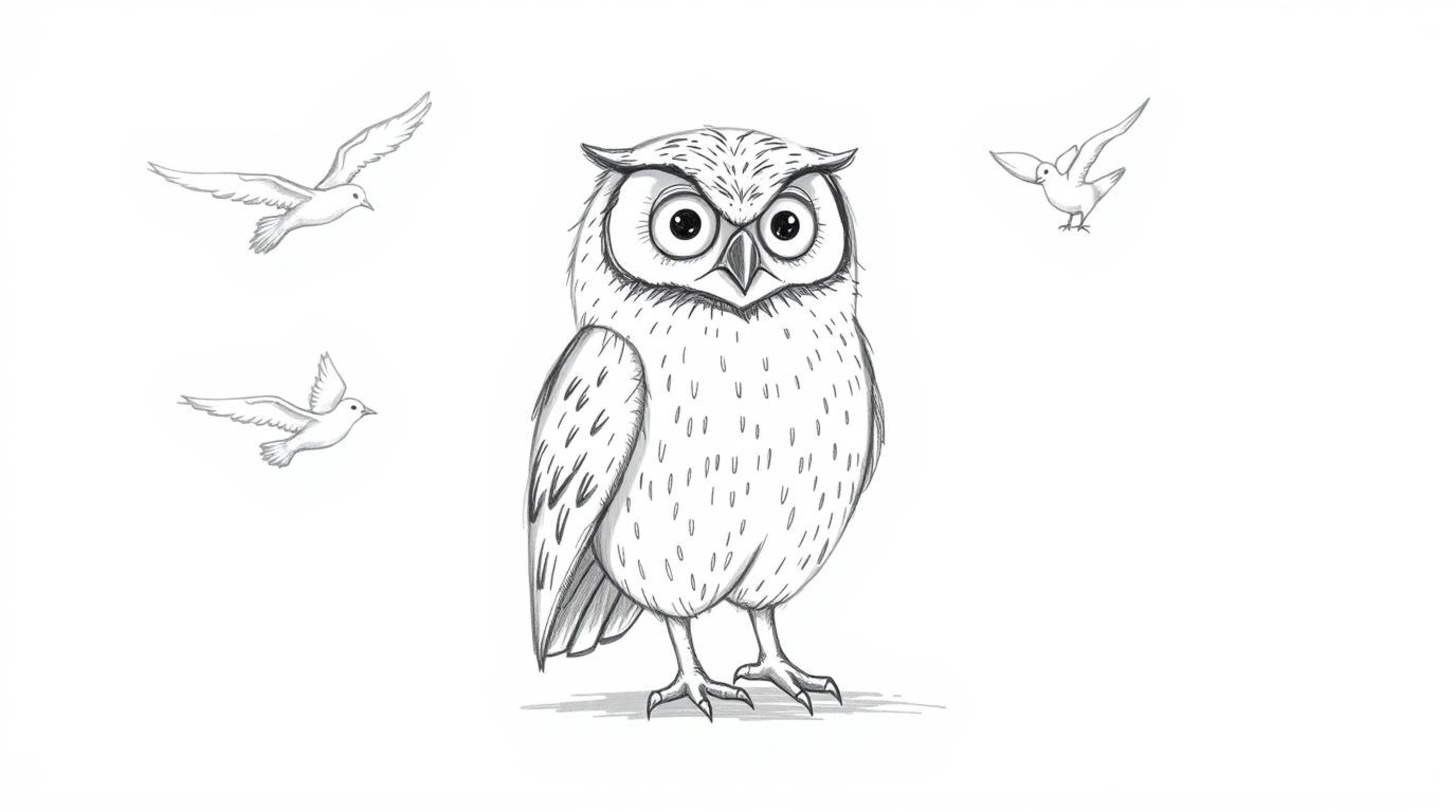 A charming hand-drawn sketch depicts a blind owl, bravely teaching a diverse group of birds how to fly.  Using its heightened