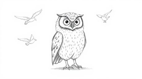 A charming hand-drawn sketch depicts a blind owl, bravely teaching a diverse group of birds how to fly.  Using its heightened