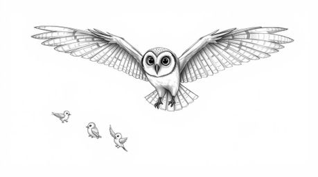 A charming hand-drawn sketch in the style of Pixar depicts a blind owl in flight, wings outstretched, confidently guiding a f