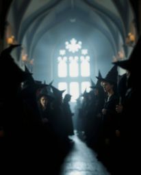 Discover a captivating image of a magical school brimming with young wizards.  Silhouetted against a bright light source, the