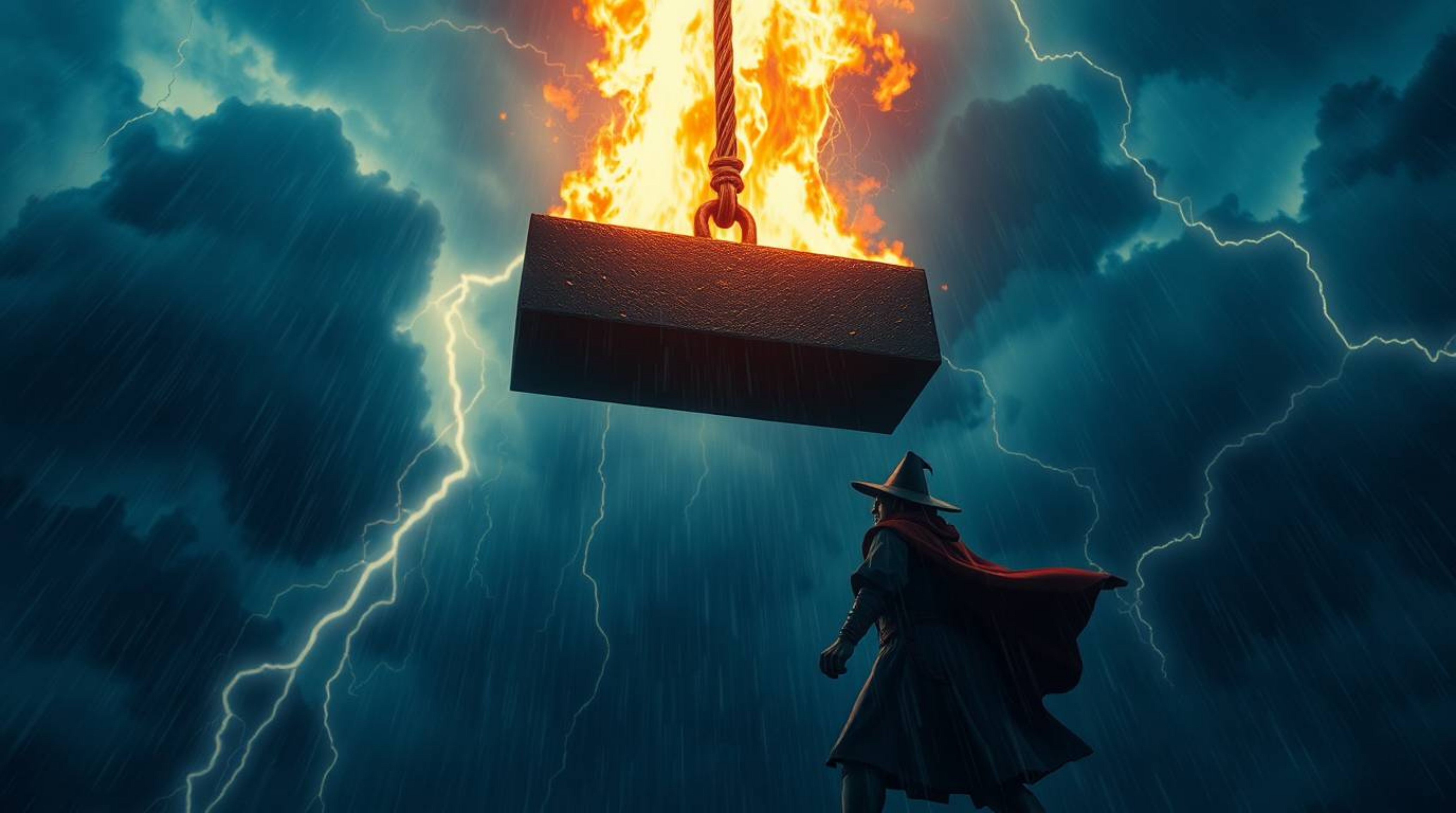 Experience a scene of intense drama as a stormy sky looms over a trickster character, threatened by a descending anvil. This 