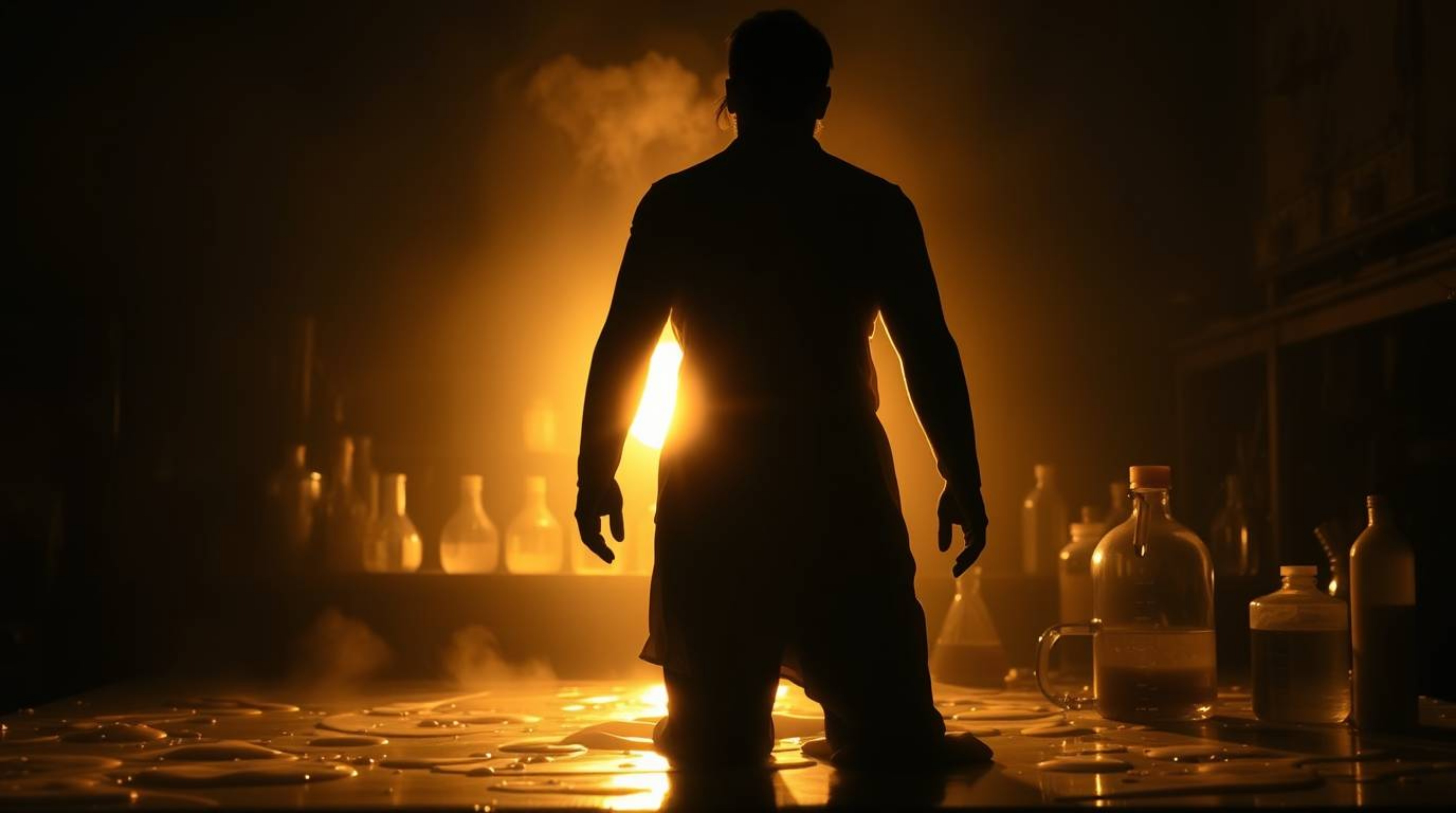A silhouetted, back-lit image showcasing a slime-covered science lab, radiating an ethereal and spiritual vibe enhanced by a 