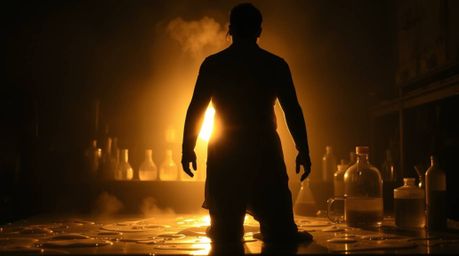 A silhouetted, back-lit image showcasing a slime-covered science lab, radiating an ethereal and spiritual vibe enhanced by a 