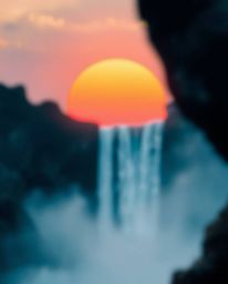 This is a futuristic sci-fi style image of a sun setting behind a dramatic waterfall, featuring a stunning blurred bokeh effe