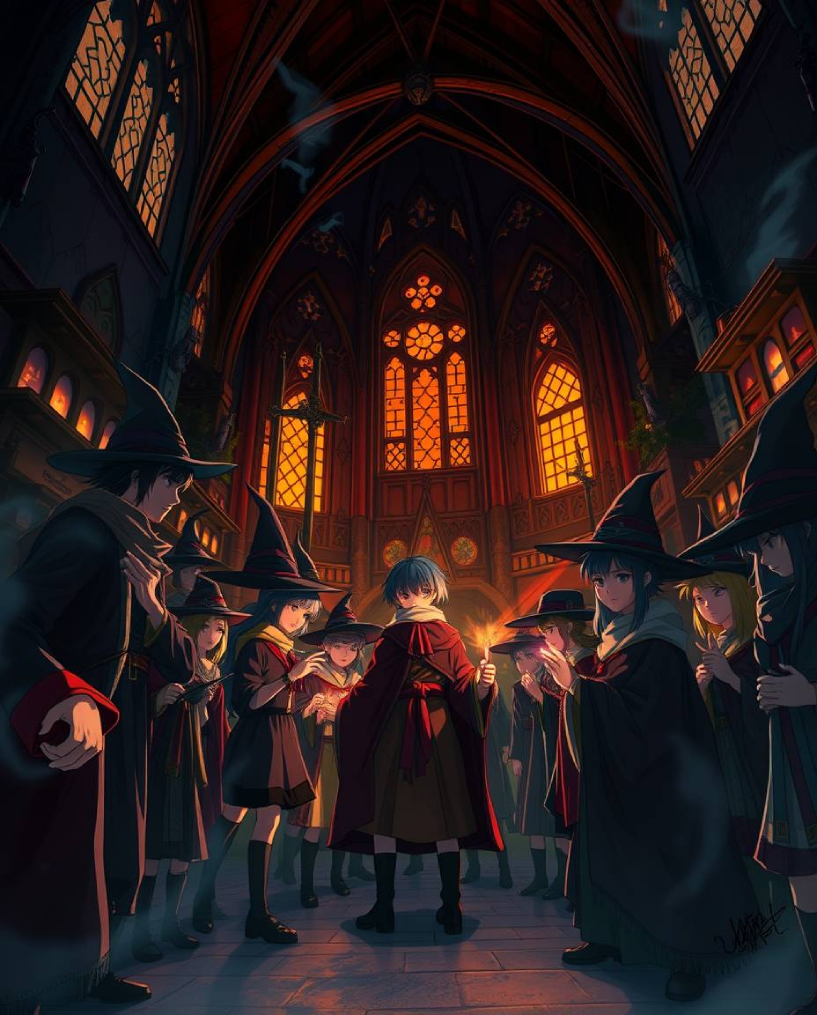 Experience an intensely lit Isekai anime-style portrayal of a magical school brimming with young wizards, where high-contrast
