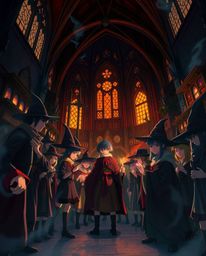 Experience an intensely lit Isekai anime-style portrayal of a magical school brimming with young wizards, where high-contrast