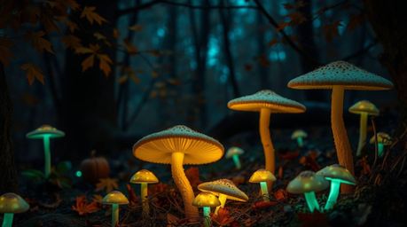Immerse yourself in a vintage-style enchanted forest scene, aglow with bioluminescent mushrooms casting an ethereal light. Wa