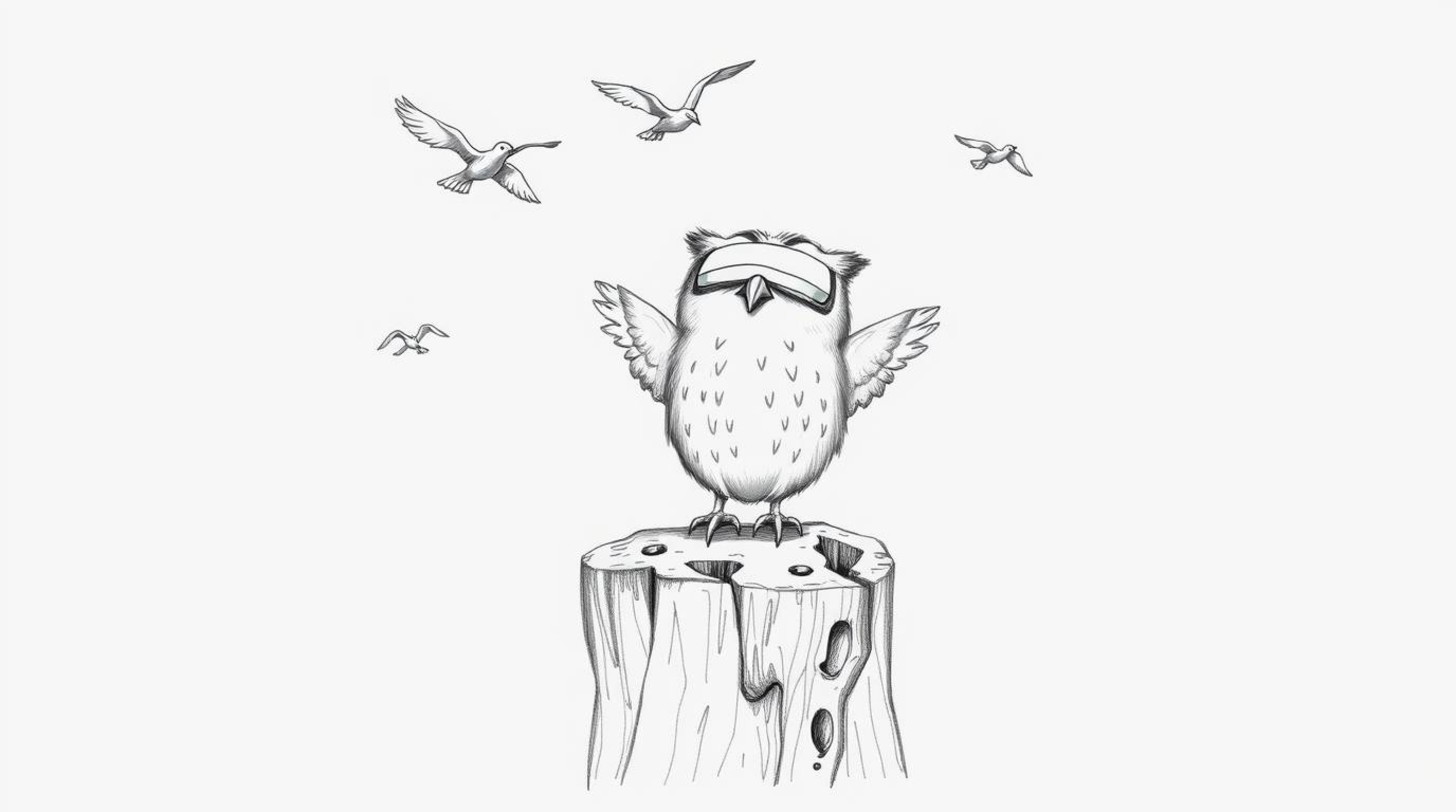 A heartwarming, hand-drawn sketch in the iconic Pixar style depicts a blind owl perched on a rustic tree stump, radiating pur