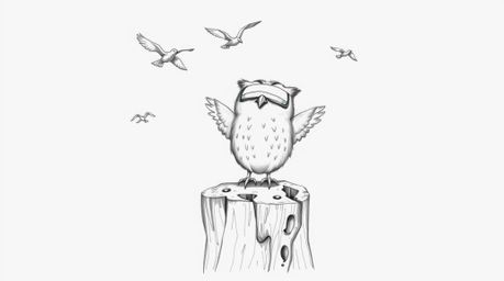 A heartwarming, hand-drawn sketch in the iconic Pixar style depicts a blind owl perched on a rustic tree stump, radiating pur